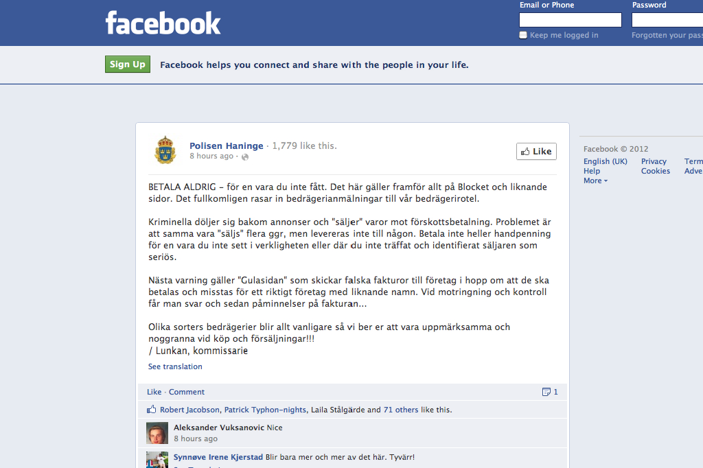 Blocket,  Gulasidan, Polisen, Bedrageri, Facebook