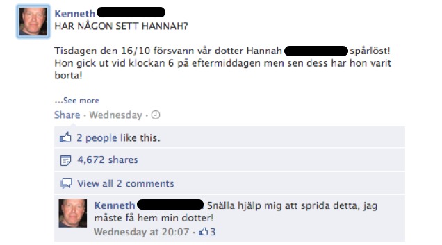 Efterlysning,  Hannah, Missing People, Försvunnen, Facebook