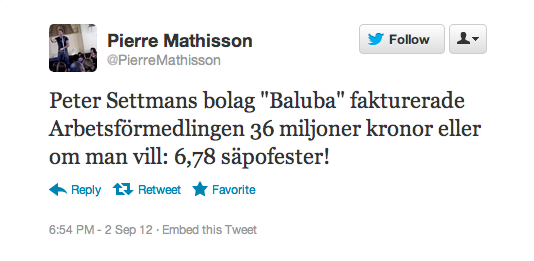 Peter Settman, Twitter, Arbetsförmedlingen, Baluba