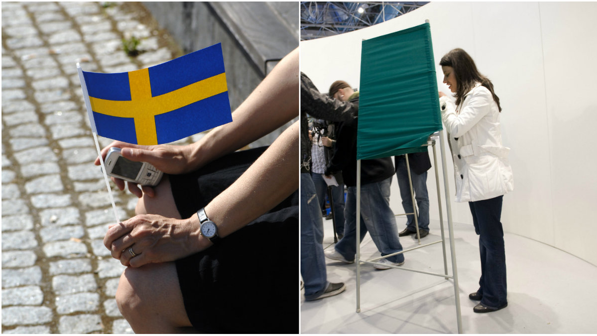 En person håller svenska flaggan, en kvinna röstar.