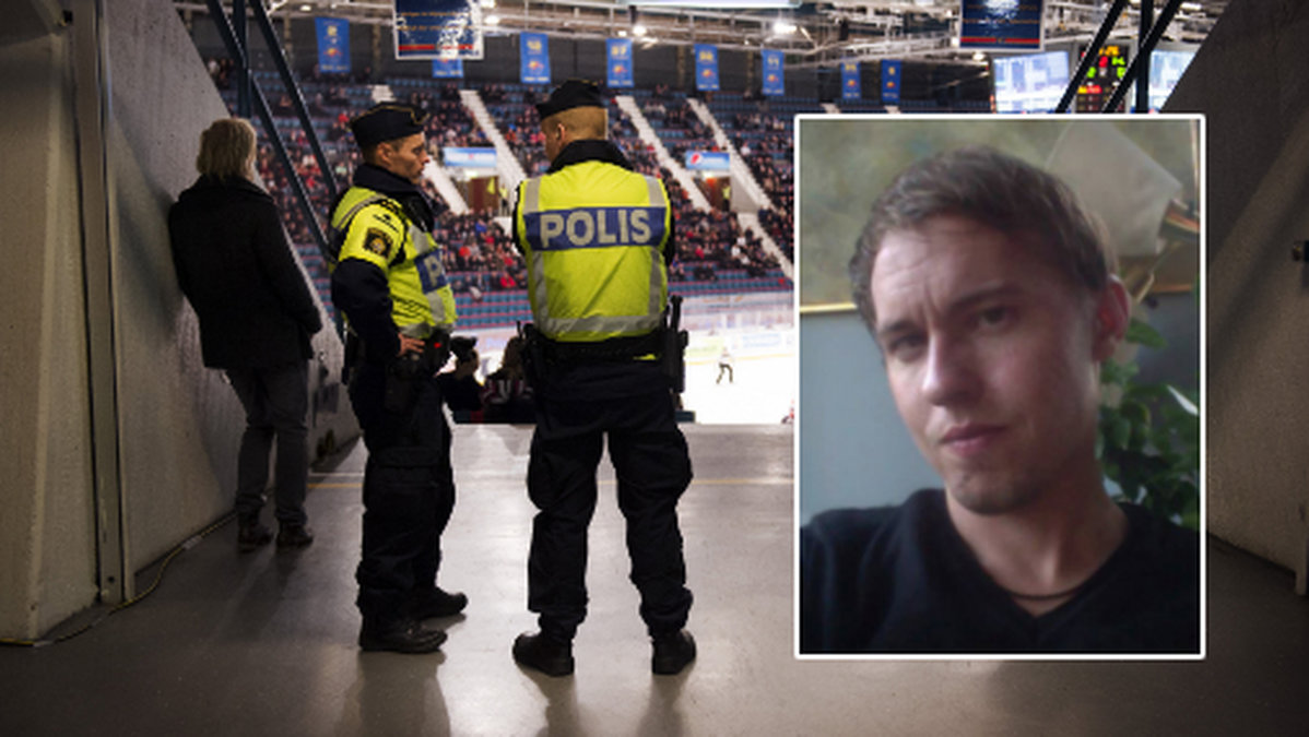 Filip Lundberg om polisnotorna. Bilden: Två poliser står och pratar under en hockeymatch mellan Djurgården och Troja/Ljungby.