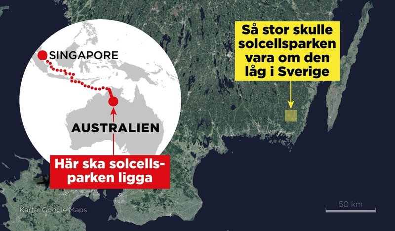 Den enorma solcellsparken som ska byggas i Australien kommer att täcka en yta av 120 kvadratkilometer.