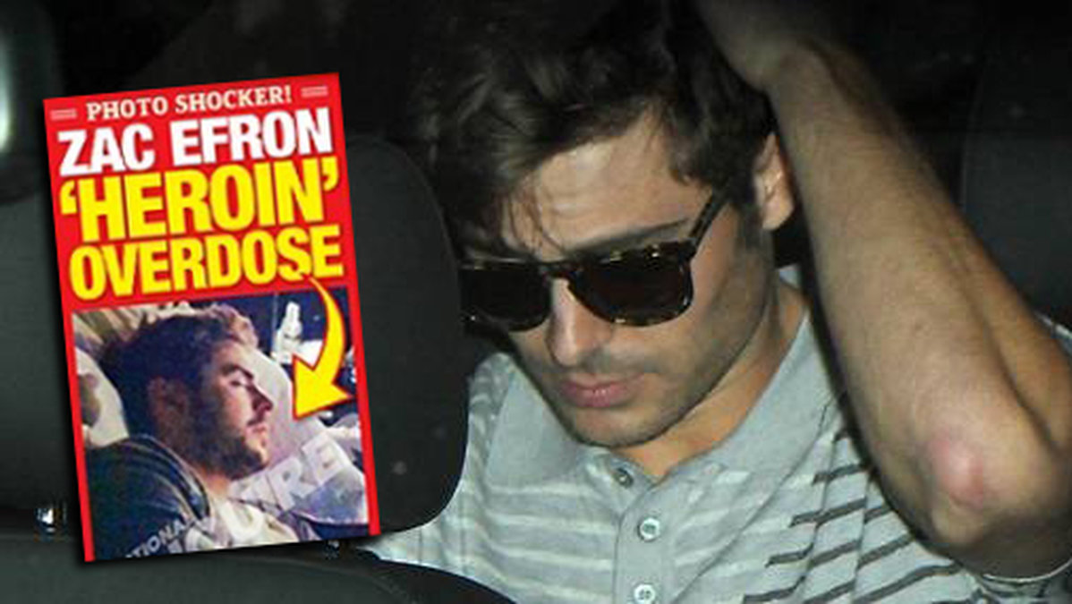 National Enquirer har bilden som togs på Zac efter hans drogöverdos på ett hotell i New York. 