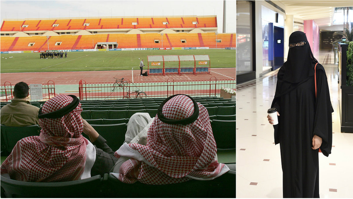 Fotbollsarena till vänster – saudisk kvinna till höger