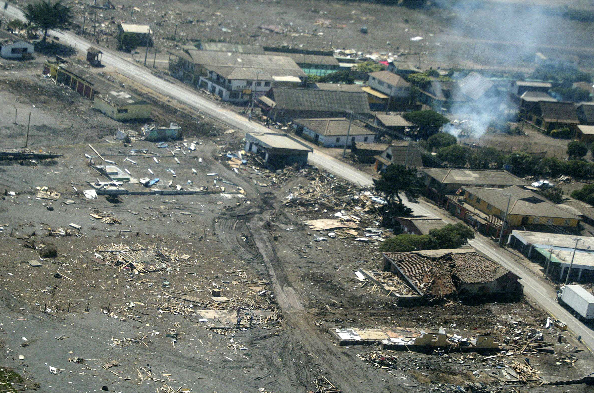Vybild över ett drabbat område efter jordbävningen i februari i Chile.
