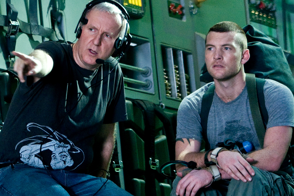 James Cameron med Sam Worthington under inspelningen av "Avatar".