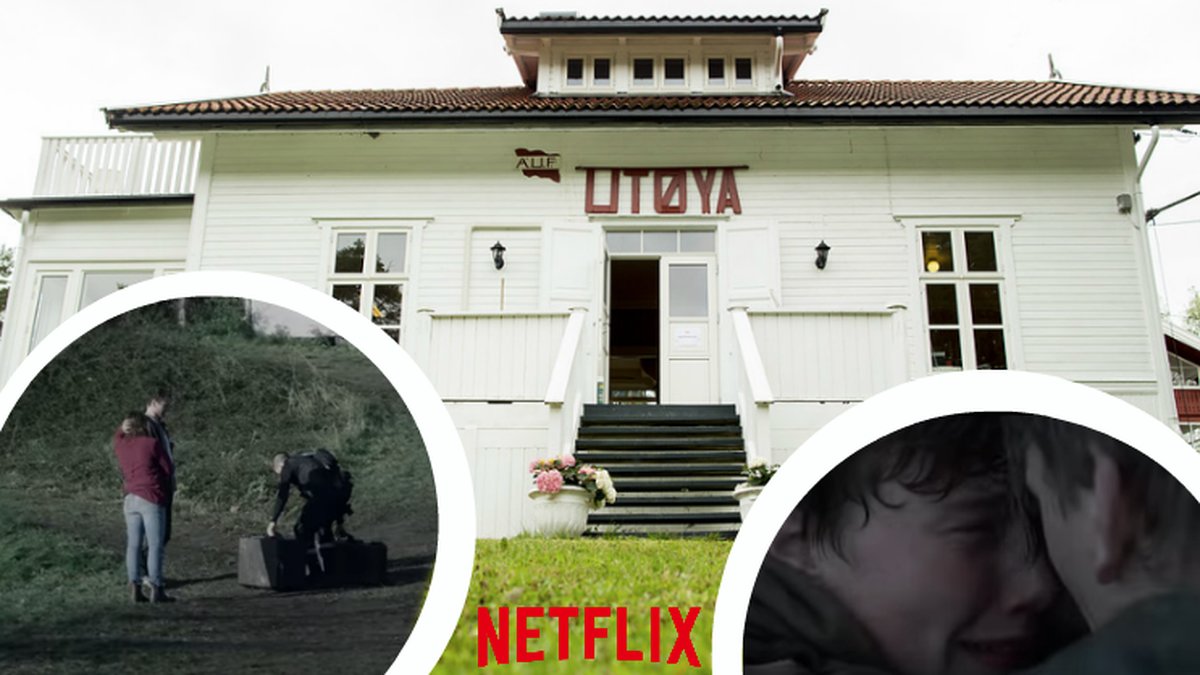 Vitt hus som det står Utøya på. Två personer och en polis på gräs. Två pojkar som gråter. Netflix logotyp.