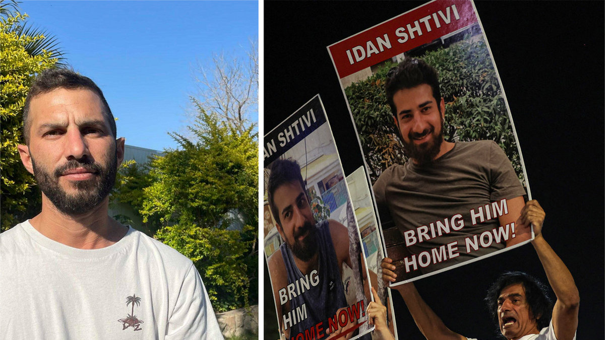Daniel Danon (till vänster), vars vän och studiekamrat Idan Shtivi (på plakaten till höger) hålls som gisslan av Hamas i Gazaremsan. Bilden är ett montage.