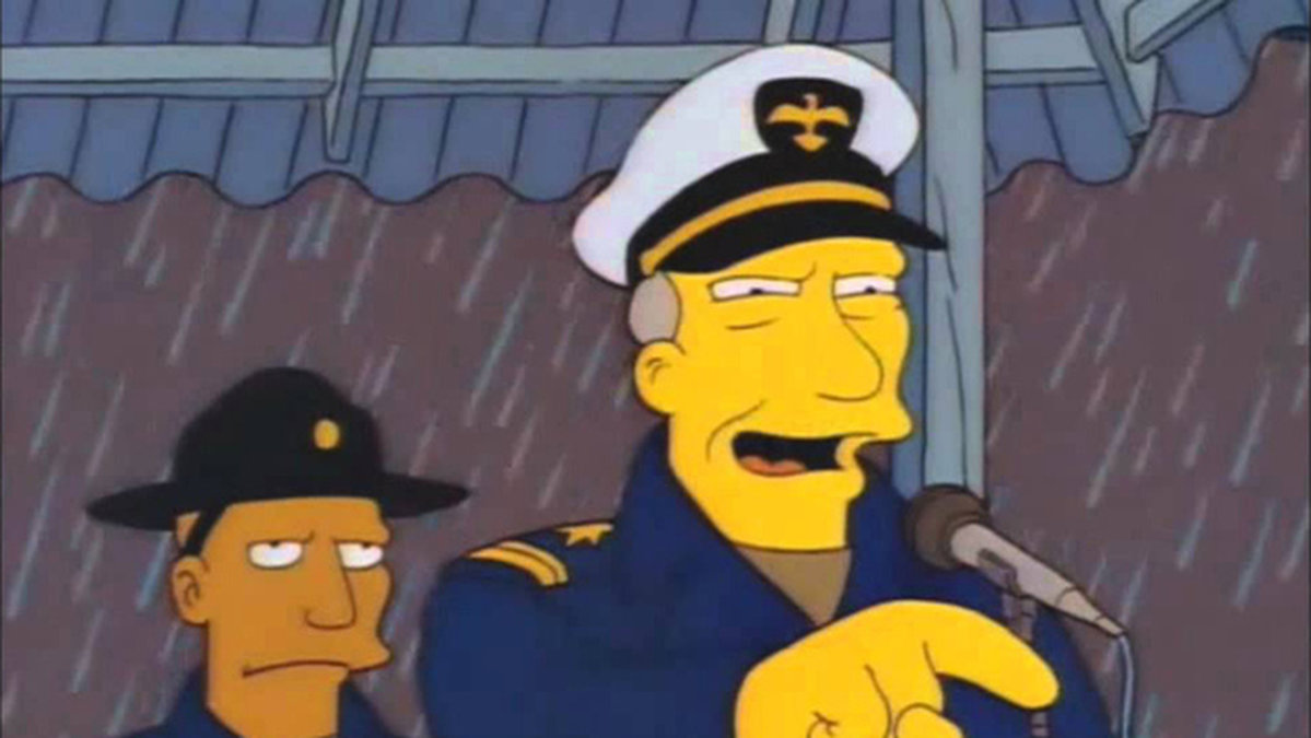 Kapten Tennille skjuts ut som en mänsklig torped mot en fiendeubåt i avsnittet "Simpson Tide".