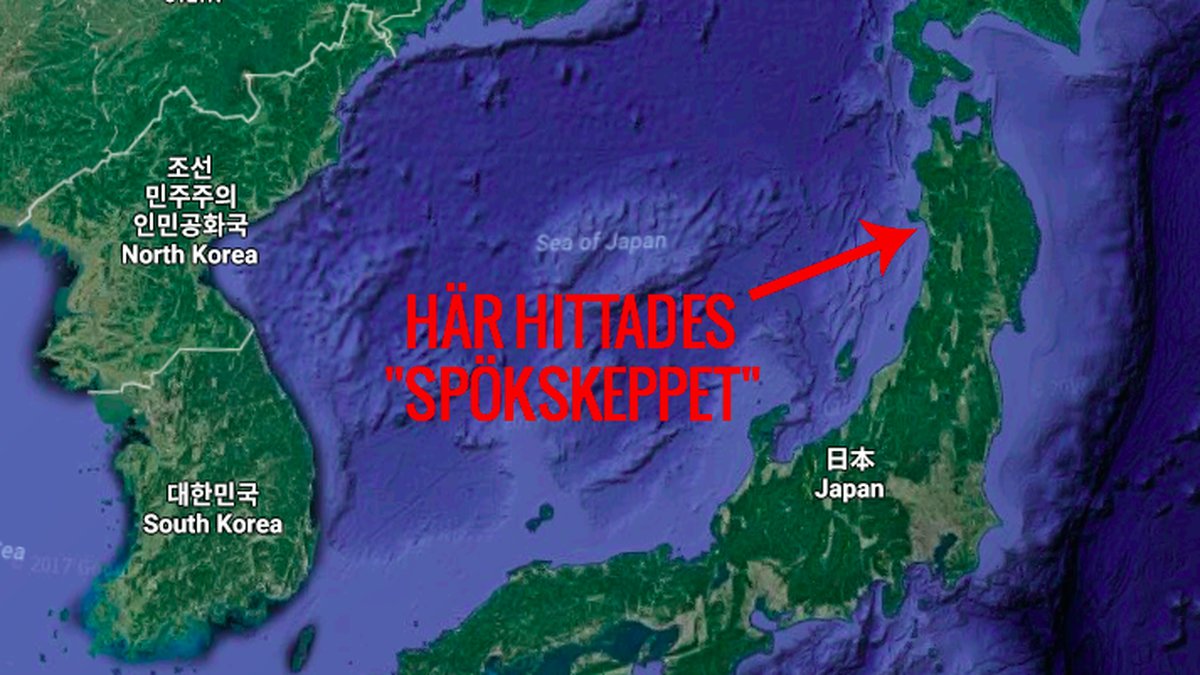 Bild på Japanska Havet, en röd pil pekar ut var spökskeppet hittades