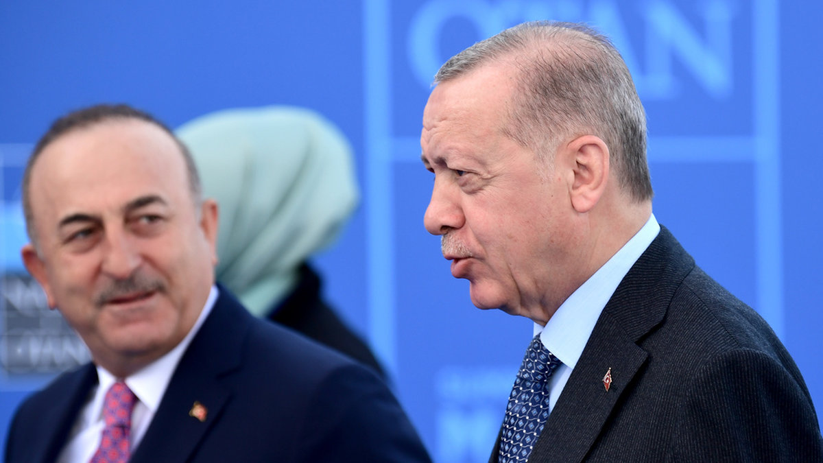 Utrikesminister Mevlüt Cavusoglu (till vänster) i samtal med med president Recep Tayyip Erdogan. Arkivbild.