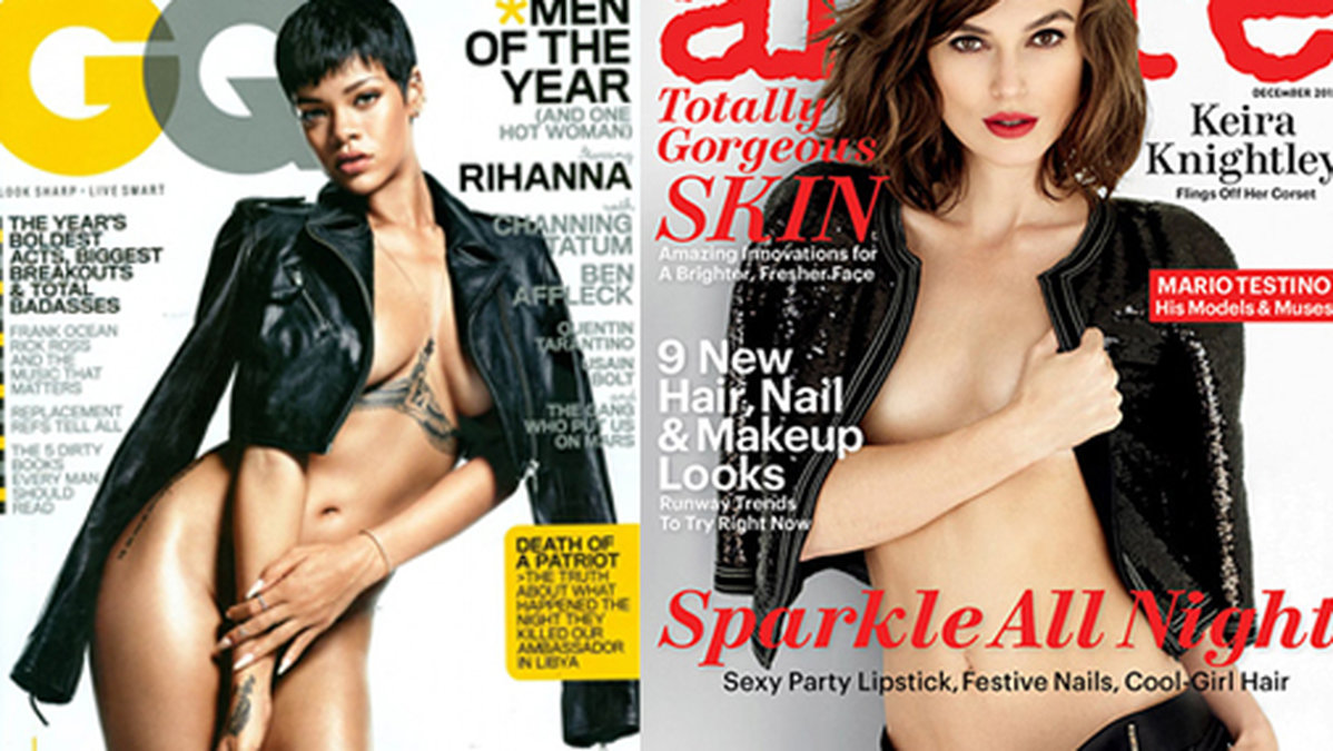 Både Rihanna och Keira Knightley väljer minimala jackor till vinterns tidningsomslag. 