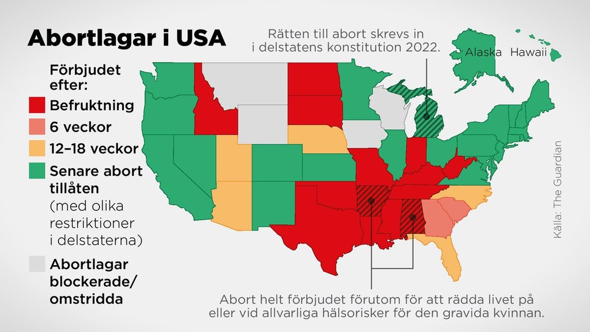 Kartan visar hur abortlagstiftningen ser ut i USA:s delstater.