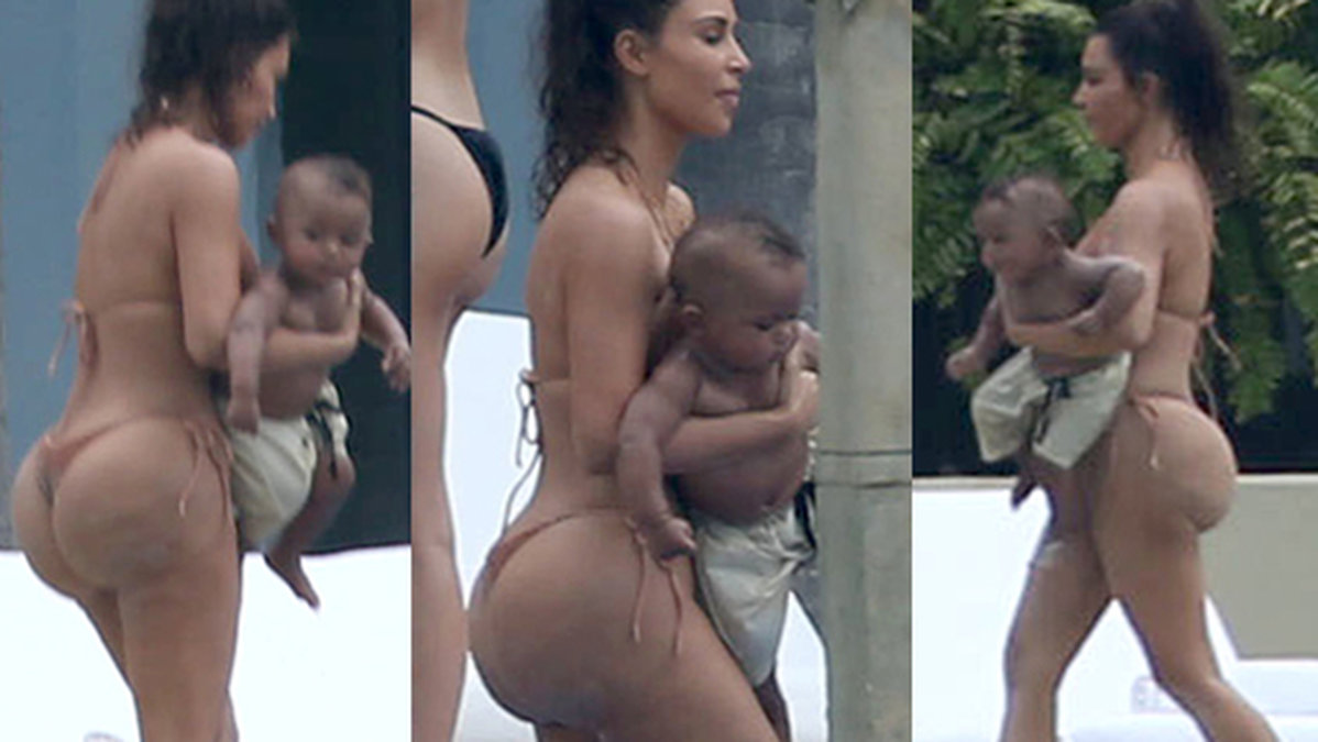 Kim Kardashian med sonen Saint West i famnen. 