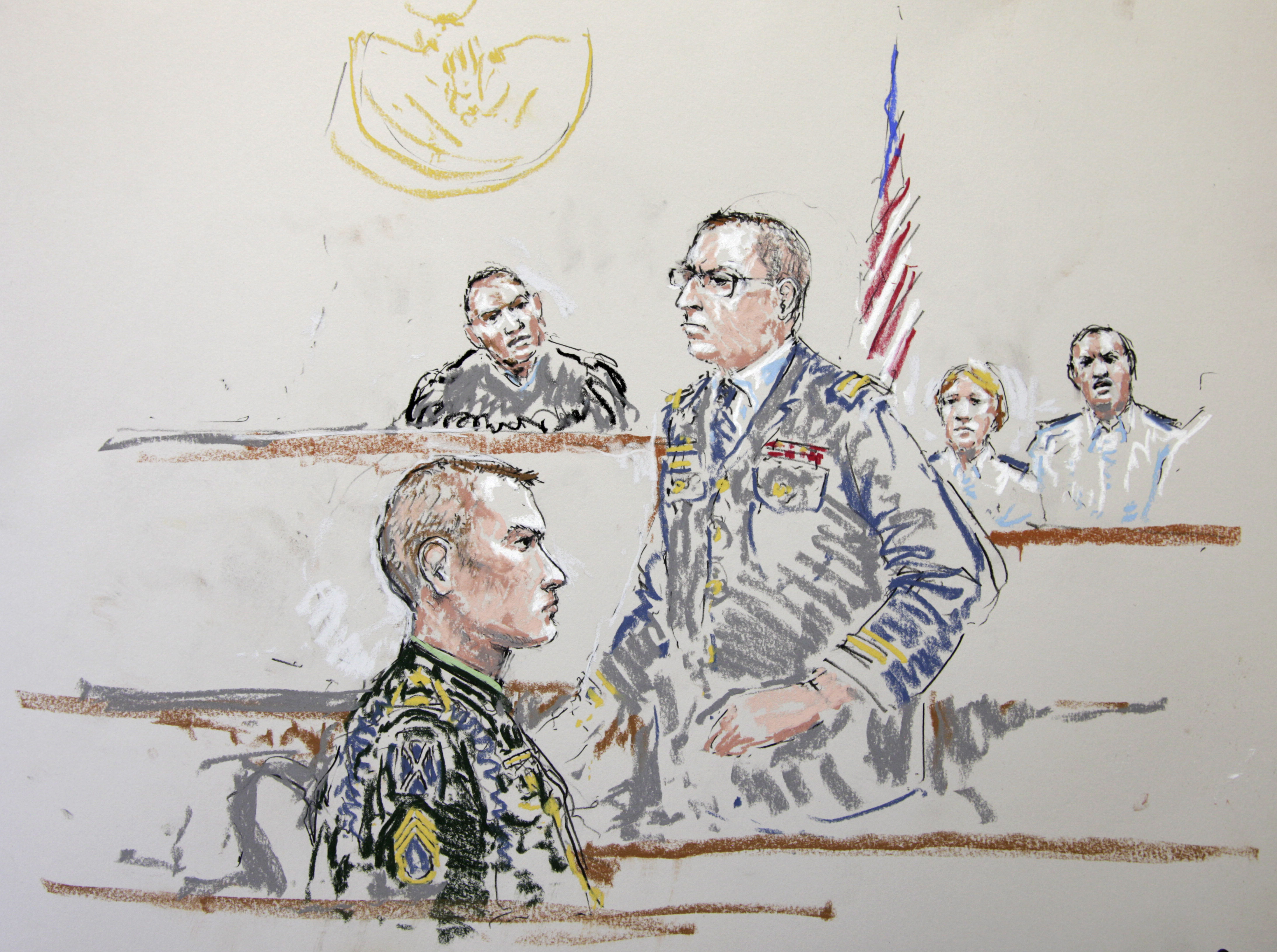 En teckning från rättssalen visar hur Sgt Calvin Gibbs får stå till svars för sina handlingar.