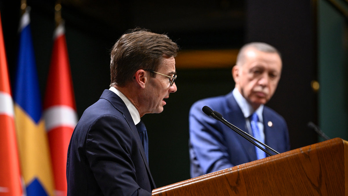 Sveriges statsminister Ulf Kristersson (M) och Turkiets president Recep Tayyip Erdogan under en gemensam pressträff i Ankara i november.