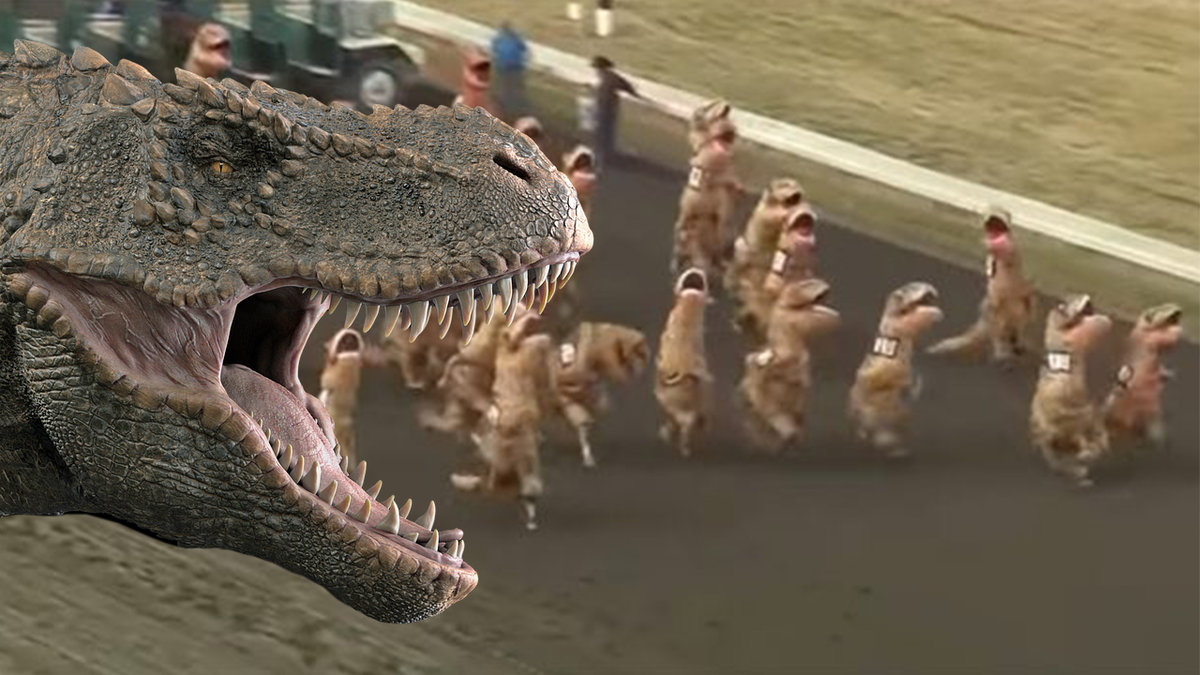 Här tävlar människor i T-Rex dräkter