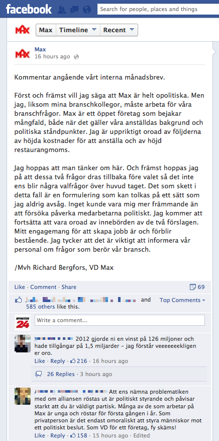 Max vd kommenterar händelsen på Max egen Facebook-sida.