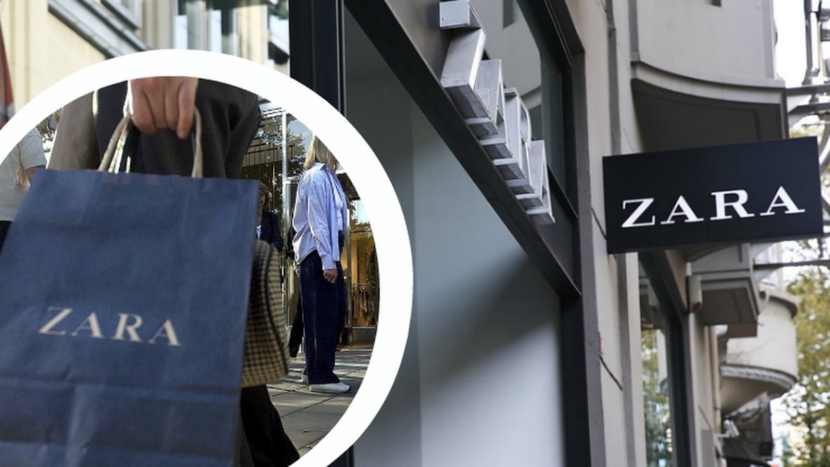 En Zara-påse och en skylt utanför en Zara-butik.