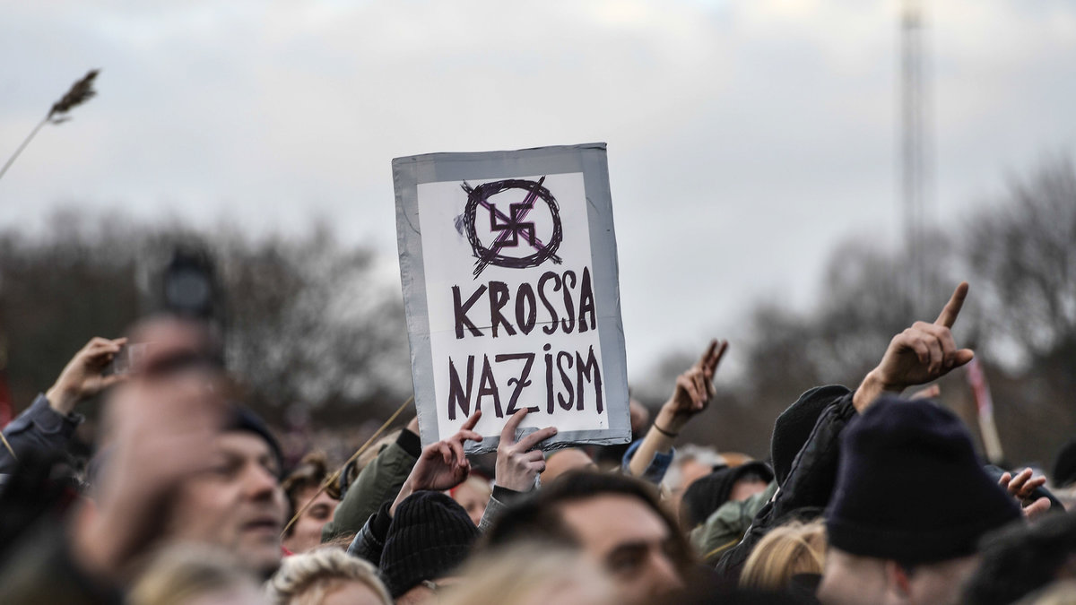 "Krassa nazism". Från demonstrationen i Kärrtorp, Stockholm.