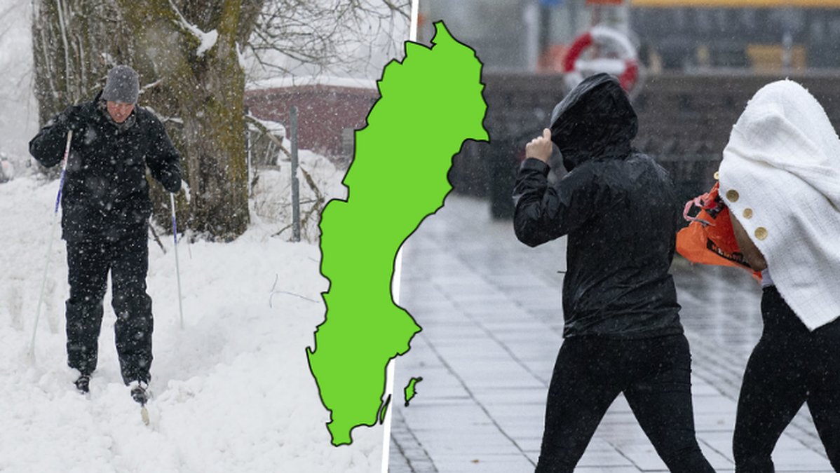 En person som åker skidor, två tjejer som går i regn, karta över Sverige