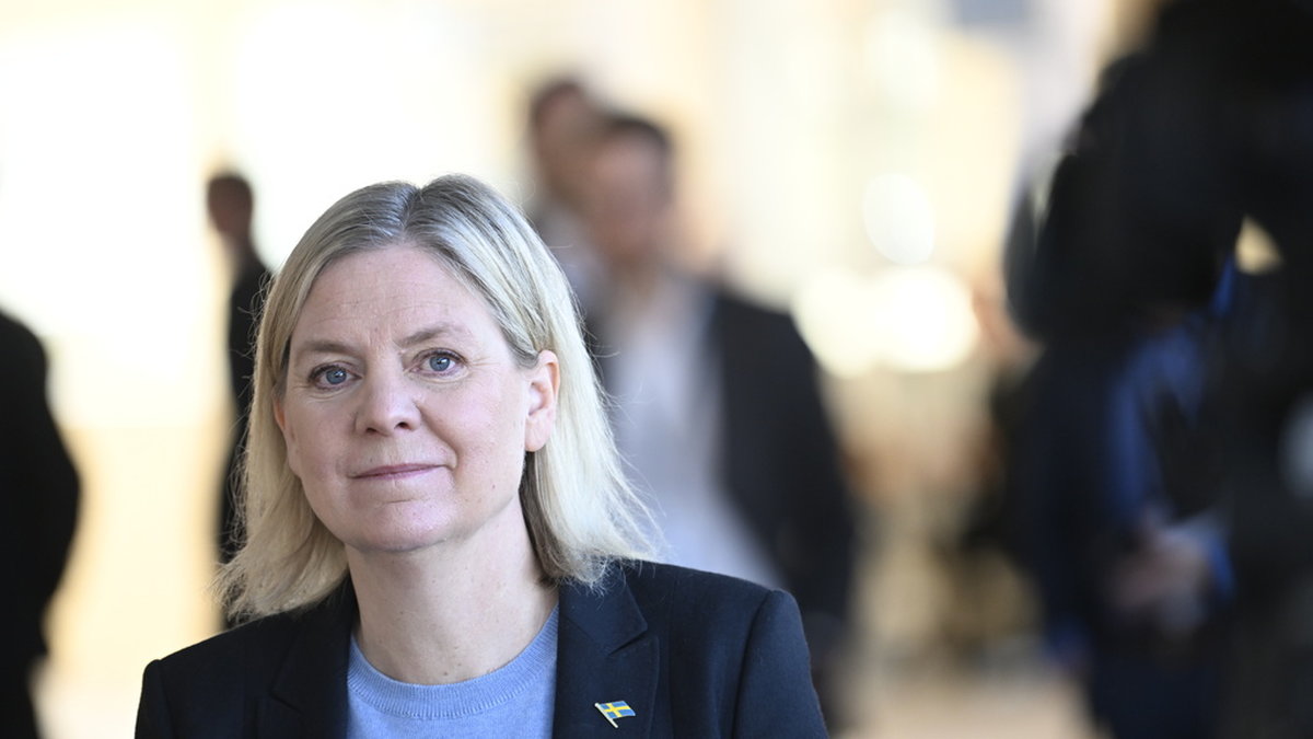 Socialdemokraternas partiledare Magdalena Andersson (S) efter presskonferensen där hon kommenterade regeringens elprisstöd.