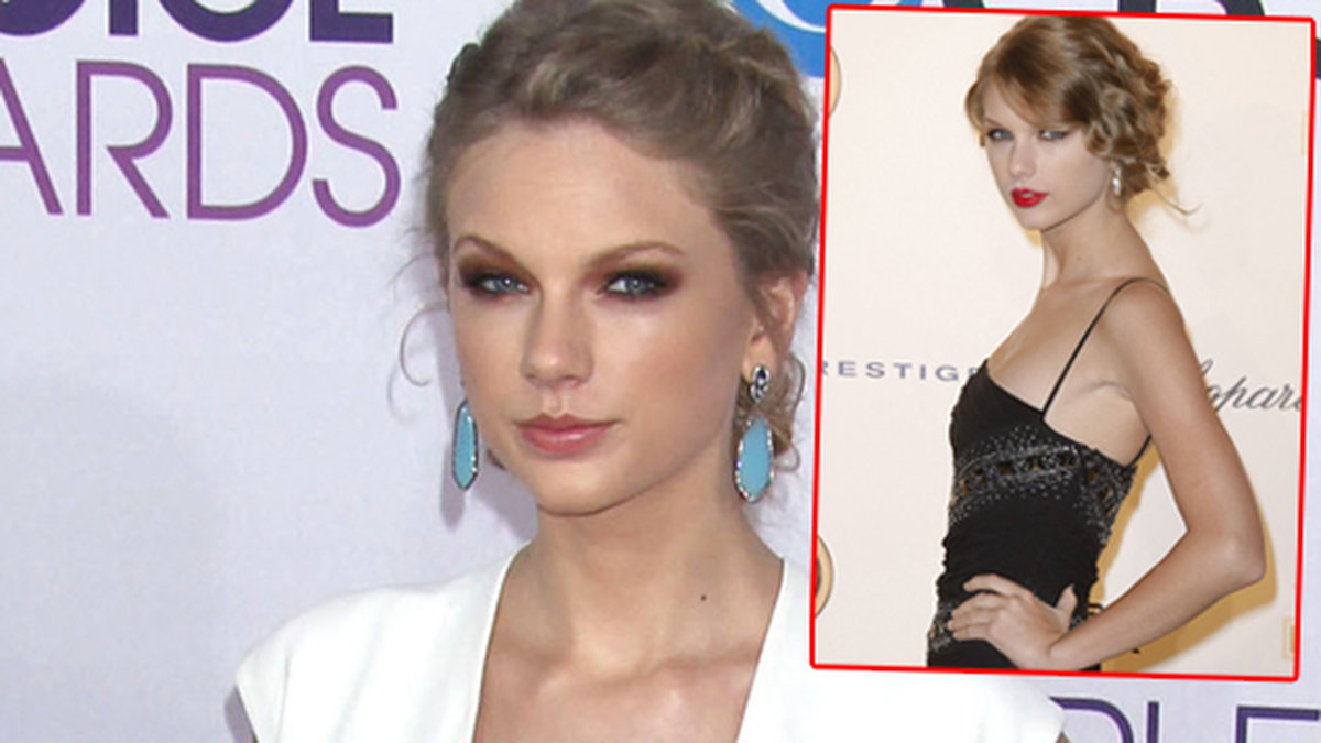 Taylor Swift i vit klänning på People Choice Awards i januari 2013. Lilla bilden: Taylor Swift på en gala år 2010.