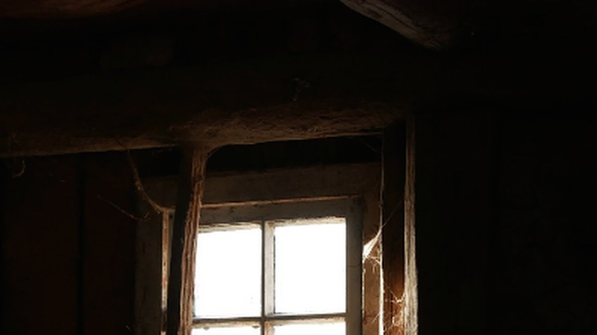 En bild på ett fönster i en källare. 