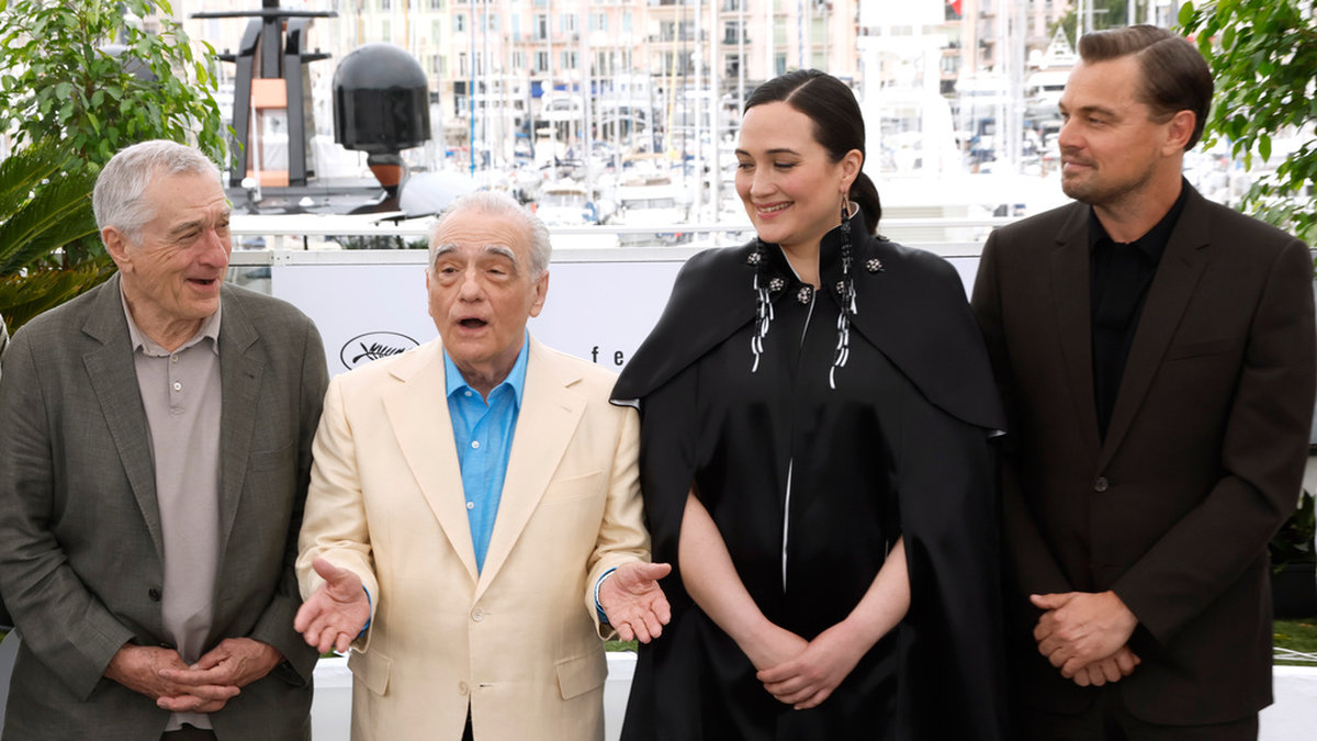 Robert De Niro, Martin Scorsese, Lily Gladstone och Leonardo DiCaprio i samband med visningen i franska Cannes av Scorseses nya film ”Killers of the flower moon”.