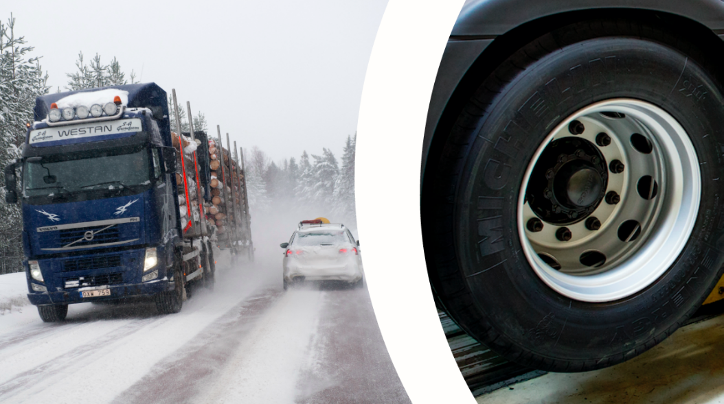 En lastbil på en snöig väg. Till höger ett lastbilsdäck. 