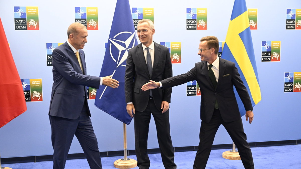 Turkiets president Recep Tayyip Erdogan och statsminister Ulf Kristersson (M) skakar hand på Natotoppmötet i Vilnius i juli. Arkivbild.