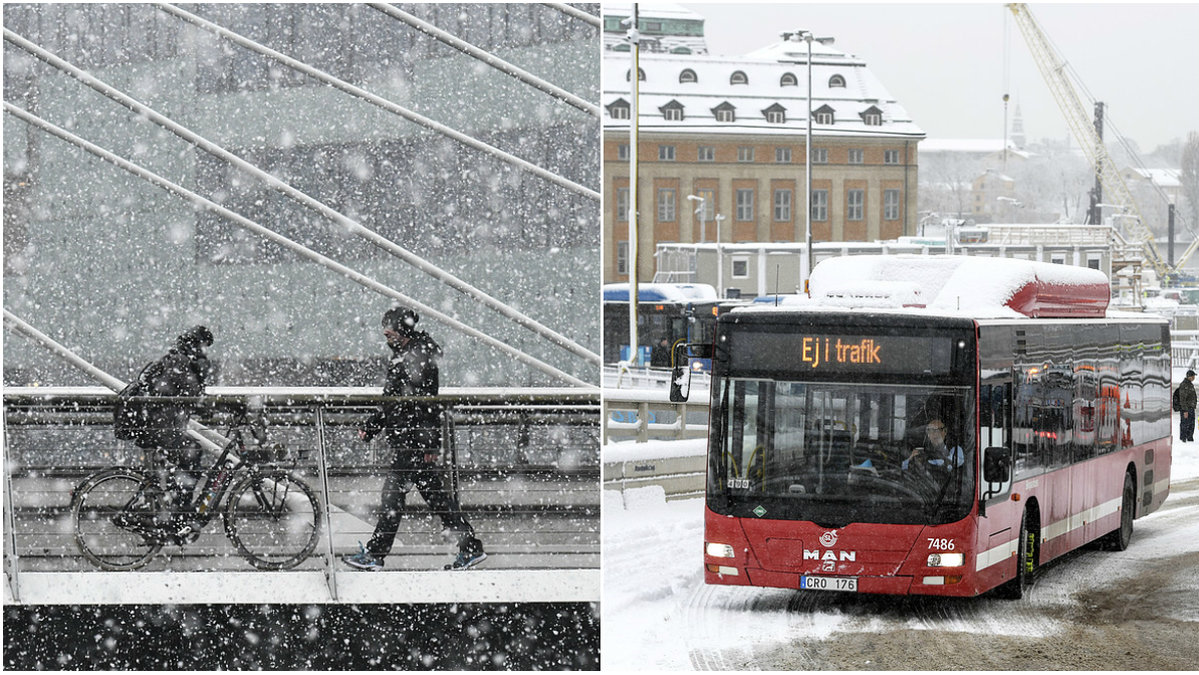 Personer går i snöoväder. Stockholms innerstadsbussar stod still på tisdagen