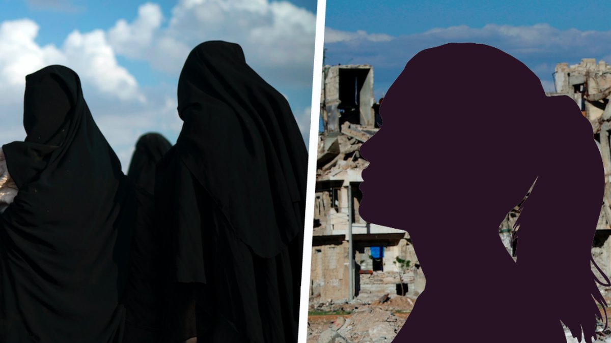 Kvinnor i niqab. Till höger siluetten av en ung kvinna. 