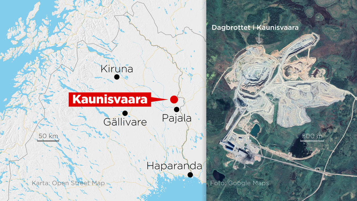 Kartan visar var gruvan i Kaunisvaara, som nu får utökat tillstånd, ligger.