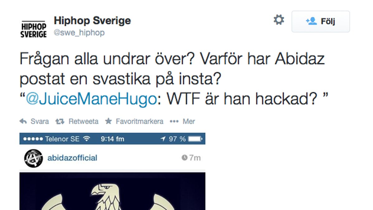 Twitterkontot "Hiphop Sverige" funderar på syftet med bilden. 