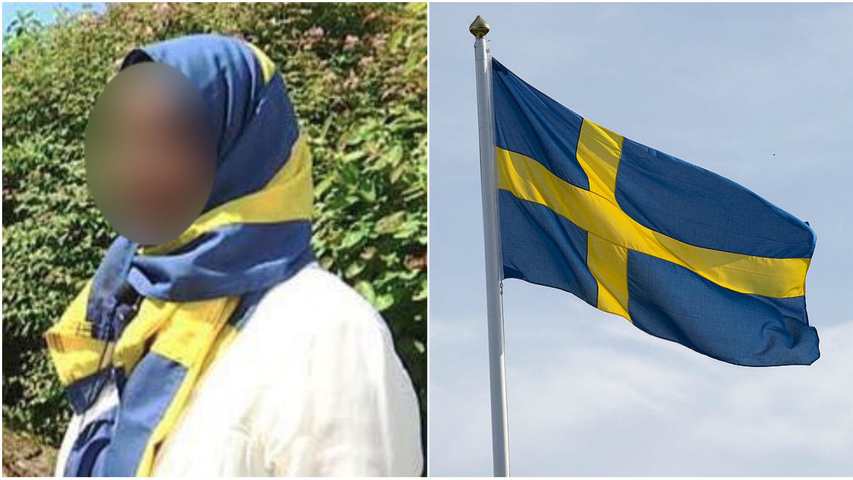 Bilden med en kvinna som bär svenska flaggan som slöja har fått spridning. 