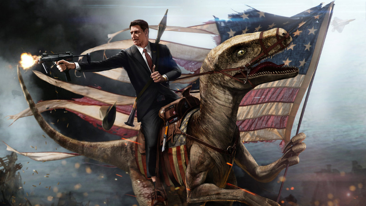 Ronald Reagan på en velociraptor - inga konstigheter.