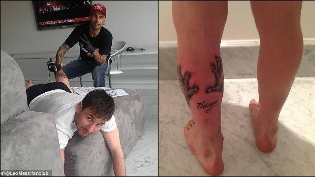 Här tatuerar sig Lionel Messi. 