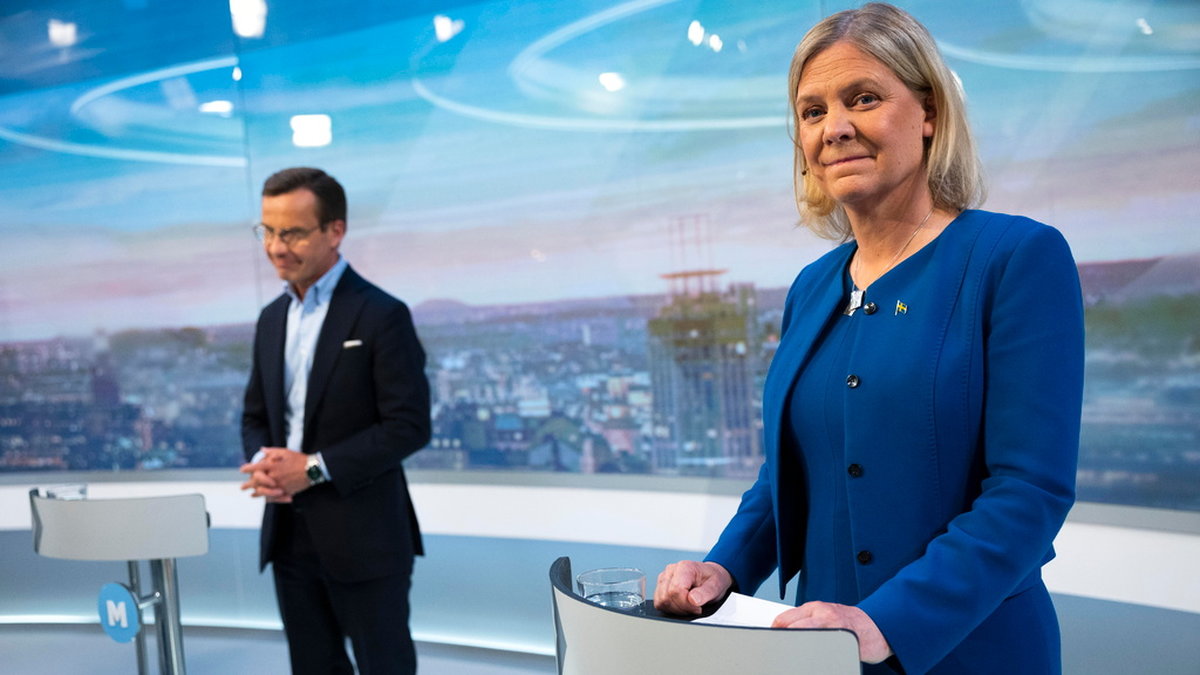 Statsminister Magdalena Andersson (S) och Moderaternas partiledare Ulf Kristersson under en partiledardebatt i TV4. Arkivbild