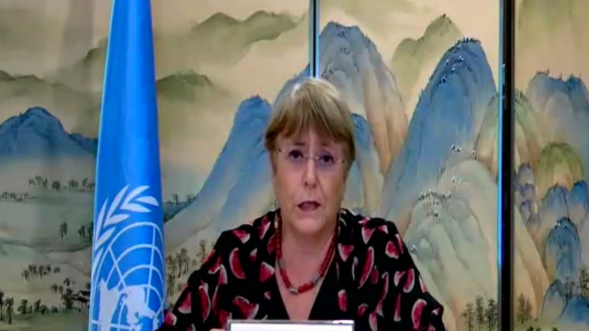 FN:s högkommissionär Michelle Bachelet i Guangzhou i provinsen Guangdong i Kina. Foto från videolänk.