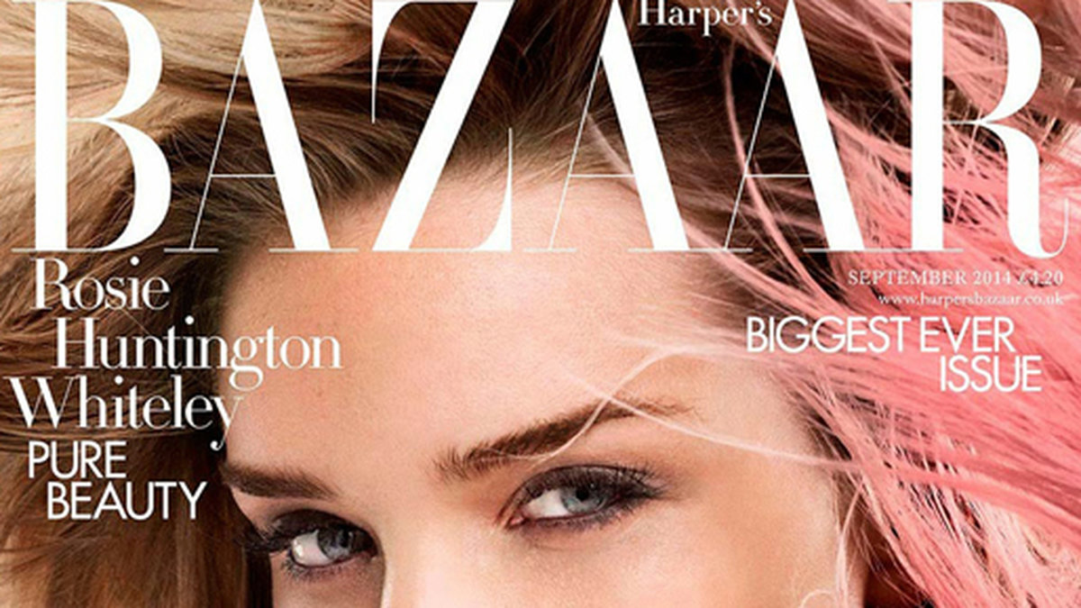 Rosie Huntington-Whiteley på omslaget av Harpers Bazaar. 