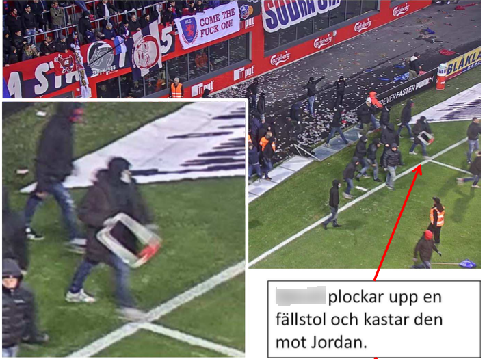 Här ser man tydligt att den åtalade tagit en fällstol för att ha som vapen när han beträder planen. Här ser man tydligt att den åtalade tagit en fällstol för att ha som vapen när han beträder planen.
