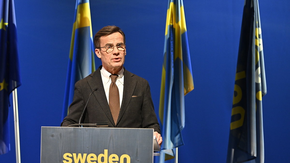 Sveriges statsminister Ulf Kristersson (M) under en pressträff med EU-kommissionens ordförande Ursula von der Leyen i Kiruna i januari.