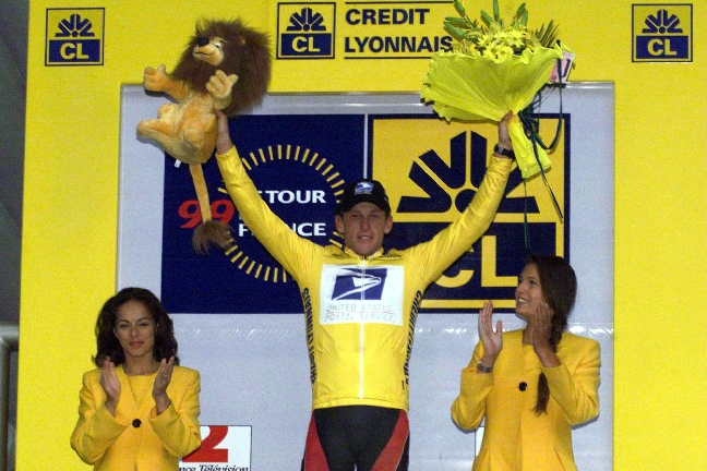 Armstrongs första seger kom 1999, trots att han bara tre år tidigare drabbats av testikelcancer.