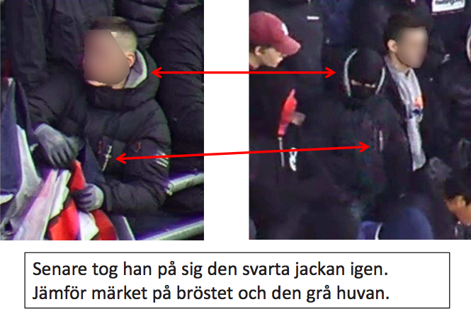 En av de åtalade som maskerade sig innan han beträdde planen, men fortfarande finns klara bilder på vem personen i fråga är med hjälp av övervakningsbilder från arenan. En av de åtalade som maskerade sig innan han beträdde planen, men fortfarande finns klara bilder på vem personen i fråga är med hjälp av övervakningsbilder från arenan.