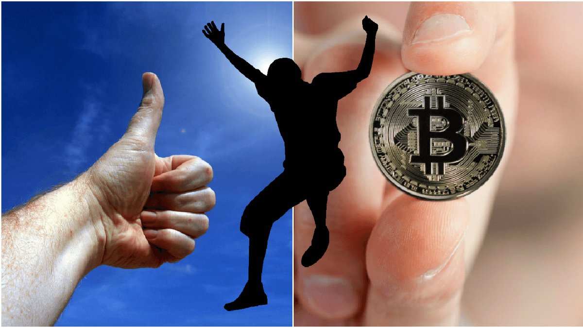 Bild på en hand som visar tummen upp och en bild på en hand som håller upp ett bitcoin-mynt.