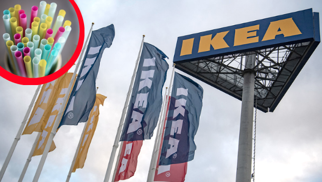 Sugrör i burk, IKEA flaggor och skylt (bilden är ett montage)