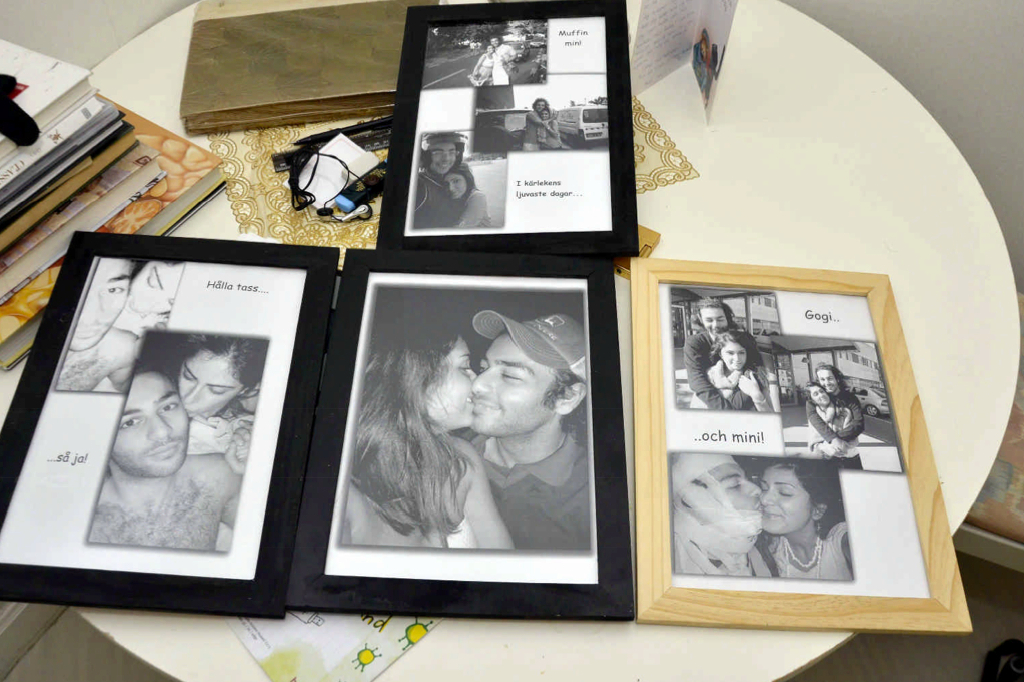 Här är de inramade fotografierna på "kärleksparet" Namdar Parastou och Elias Vecalius.