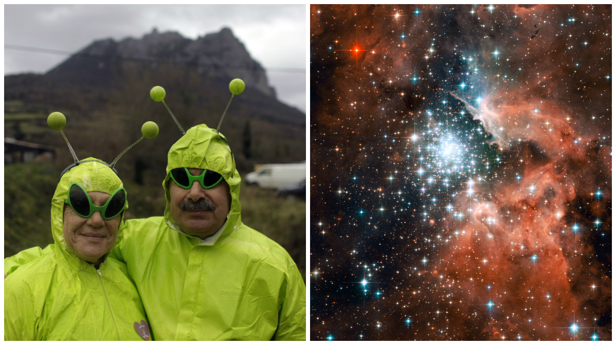 OBS! Bilden till vänster föreställer inte ett par riktiga utomjordingar. Bilden till höger är dock en riktig nebulosa. 