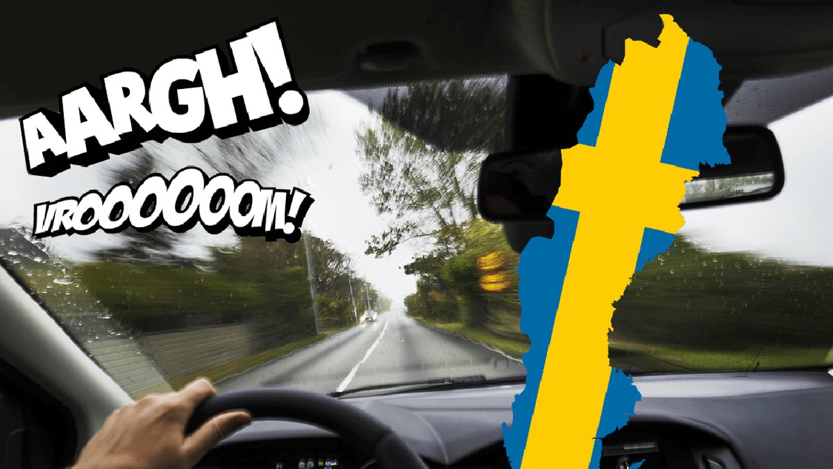 En person kör bil på en väg samt en inklippt blågul Sverigekarta.